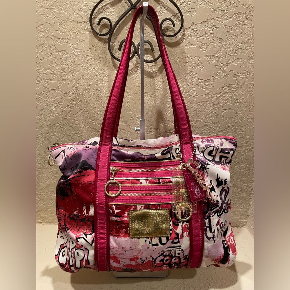 Coach Poppy Rare Graffiti Glam satin double handle zipper tote bag!